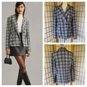 Anthropologie Maeve Preppy Black/White Plaid Stretch Knit Blazer SZ L